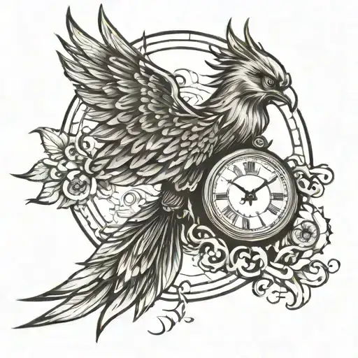 phoenix with pocket watch and numbers tattoo design idea