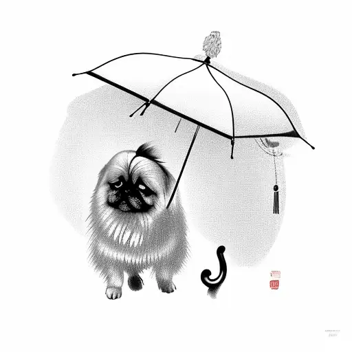 old Chinese woman holds an umbrella with Pekingese dog  in the rain tattoo design idea