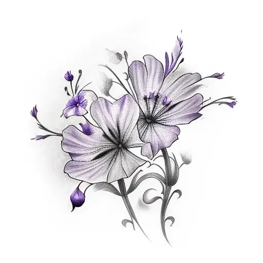 bouquet of violet, carnation, morning glory, and cosmos tattoo design idea