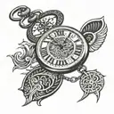 pocket watch with the time 9:36 am, African tribal, Roman numerals for march 27,1983 tattoo design idea
