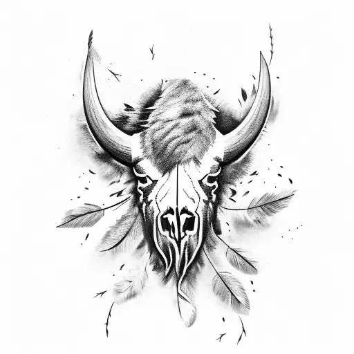 bison skull with feather and thorns tattoo design idea