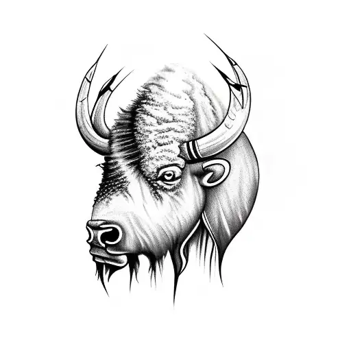 bison skull with feather and thorns tattoo design idea