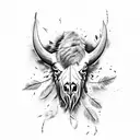bison skull with feather and thorns tattoo design idea