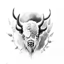 bison skull with feather and thorns tattoo design idea