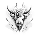 bison skull with feather and thorns tattoo design idea