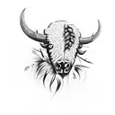 bison skull with feather and thorns tattoo design idea