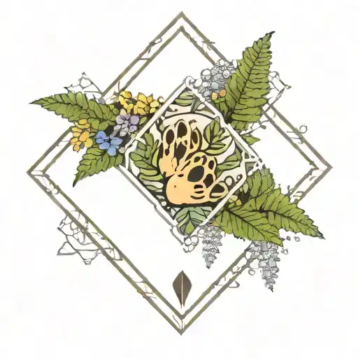 paw print surrounded by diamond shaped Line box with ferns and wild flowers growing out of the bottom  tattoo design idea