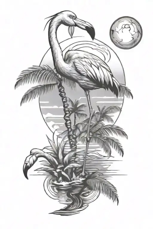 flamingo and palm tree ans water and sun tattoo design idea