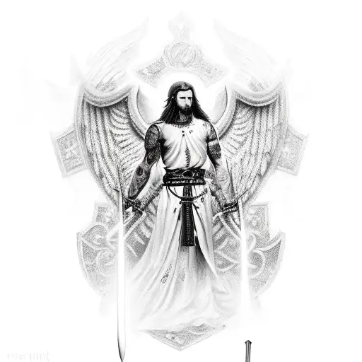 black and white tattoo of a male guardian angel with a sword and a shield with a red cross on it, realistic tattoo design idea