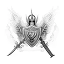 black and white tattoo of a male guardian angel with a sword and a shield tattoo design idea