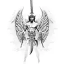 black and white tattoo of a male guardian angel with a sword and a shield tattoo design idea