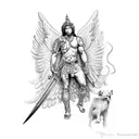 black and white tattoo of a male guardian angel with a sword and a shield tattoo design idea