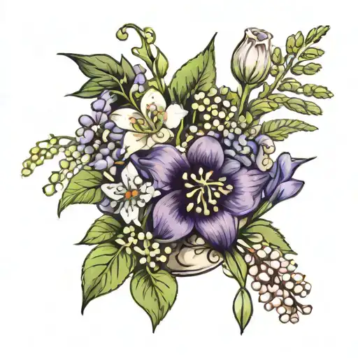 small bouquet with lily of the valley flowers, hawthorn flowers, violets and irises, larkspur and water lily tattoo design idea