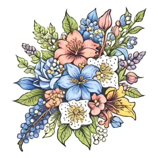 bouquet with larkspur, water lily, lily of the valley, hawthorn, violets, and irises tattoo design idea