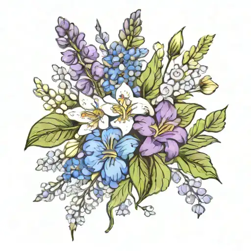 bouquet with larkspur, water lily, lily of the valley, hawthorn, violets, and irises tattoo design idea