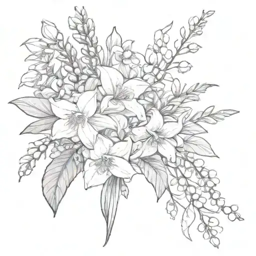 bouquet with larkspur, water lily, lily of the valley, hawthorn, violets, and irises tattoo design idea