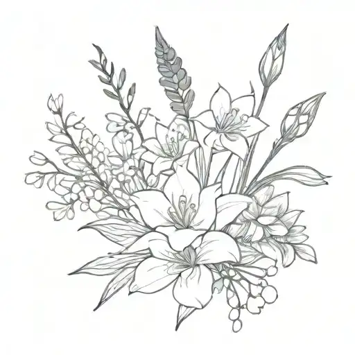 bouquet with larkspur, water lily, lily of the valley, hawthorn, violets, and irises tattoo design idea