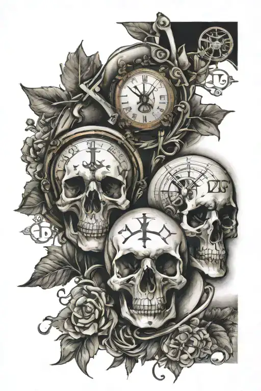 Realistic sleeve tattoo that begins with three crosses on the wrist above that skull with a clock with Roman numerals al tattoo design idea