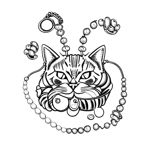 Cat with pearl necklace and croissant in the mouth  tattoo design idea