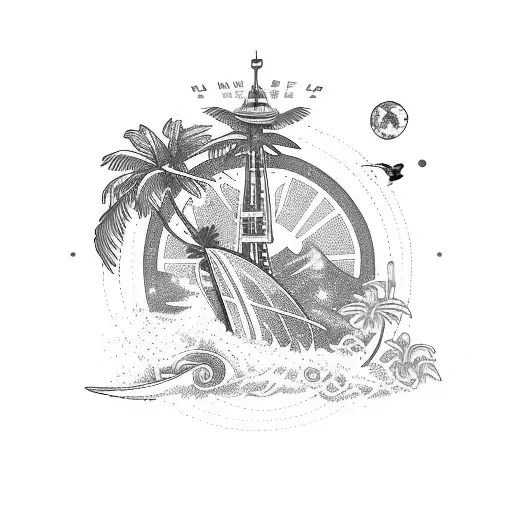 Hawaii, Holland, Seattle, Disneyland, sea turtles, surfboard, palm trees, plane, space needle, pineapple, waves, surfing tattoo design idea