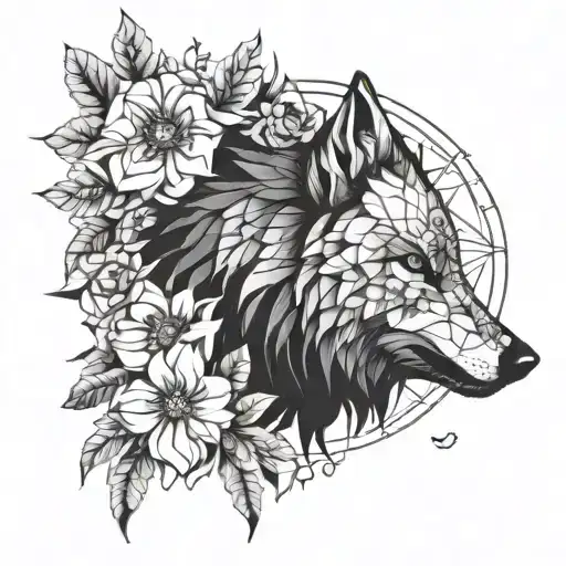 the tattoo is split in two halfs - one side is a half wolf head and the oder side is a positiv with flowers and birds tattoo design idea