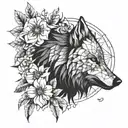 the tattoo is split in two halfs - one side is a half wolf head and the oder side is a positiv with flowers and birds tattoo design idea