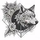 the tattoo is split in two halfs - one side is a half wolf head and the oder side is a positiv with flowers and birds tattoo design idea