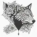 the tattoo is split in two halfs - one side is a half wolf head and the oder side is a positiv with flowers and birds tattoo design idea