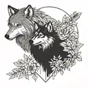 the tattoo is split in two halfs - one side is a half wolf head and the oder side is a positiv with flowers and birds tattoo design idea