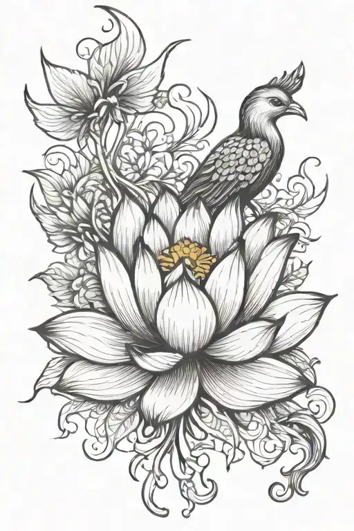 LOTUS FLOWER WITH PHOENIX WITH A sketch style tattoo tattoo design idea