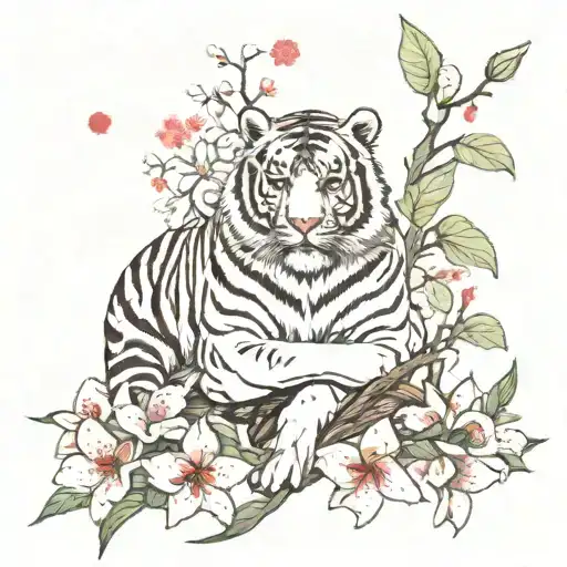 tiger lillies and cherry blossoms with viking , warrior princess theme tattoo design idea