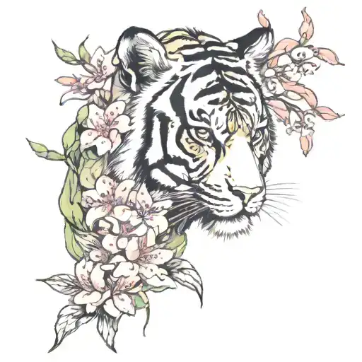 tiger lillies and cherry blossoms with viking , warrior princess theme tattoo design idea