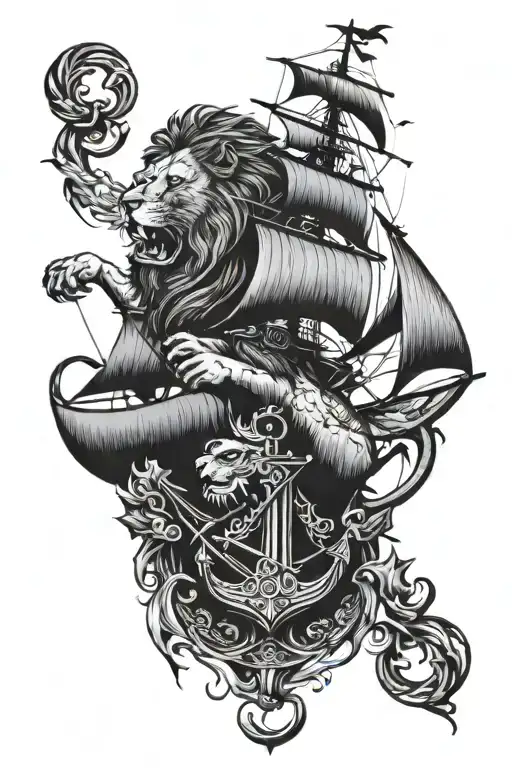 lion roaring, pirate ship sailing through stormy, compass, anchor tattoo design idea