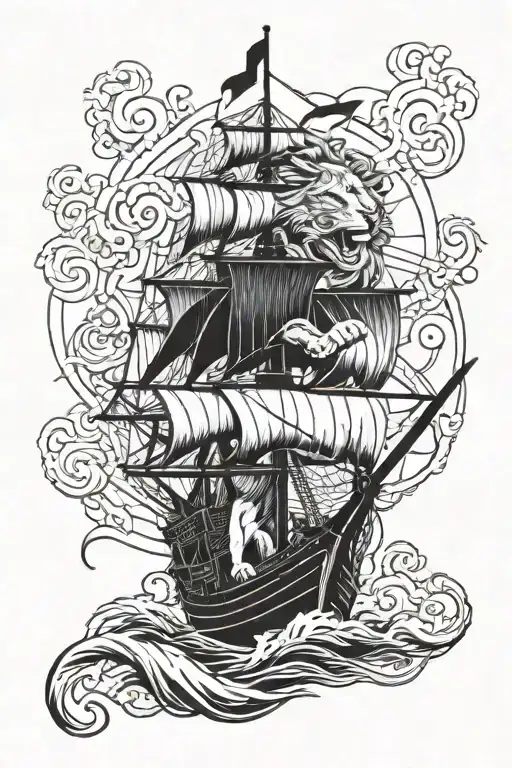 lion roaring, pirate ship sailing, anchor, gladiator tattoo design idea