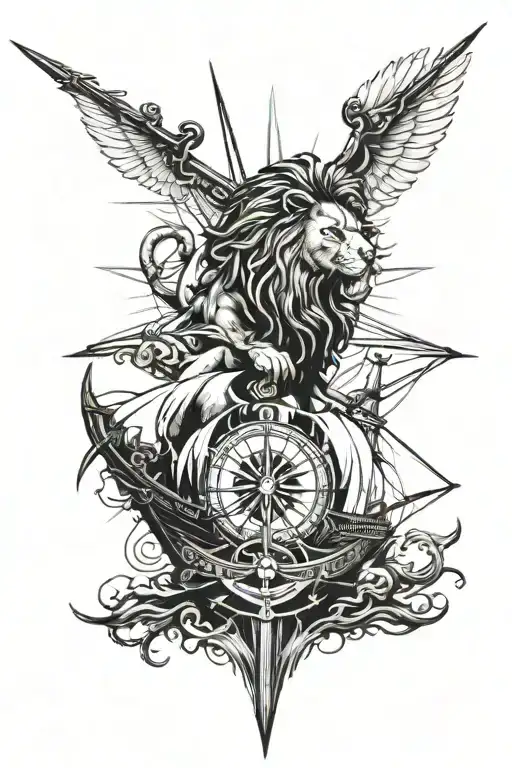lion roaring, pirate ship sailing, compass, anchor, gladiator tattoo design idea