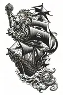 lion roaring, pirate ship sailing through stormy, compass, anchor tattoo design idea