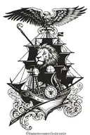 lion roaring, pirate ship, compass, anchor, gladiator, wings tattoo design idea