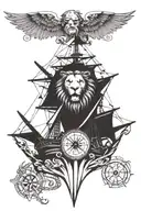 lion roaring, pirate ship, compass, anchor, gladiator, wings tattoo design idea
