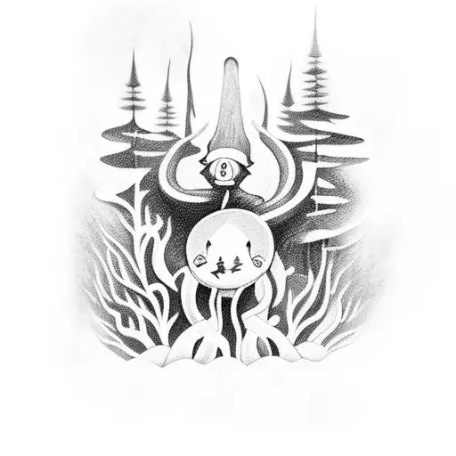 Enchanted forest with hidden cryptids tattoo design idea