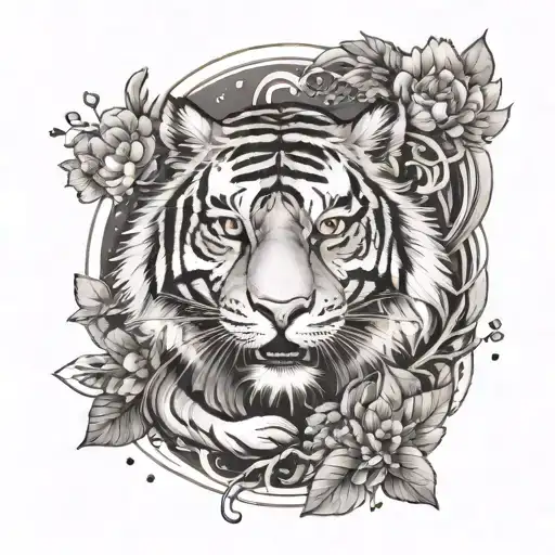 A tiger in a traditional Japanese art style, surrounded by elements of nature and music tattoo design idea