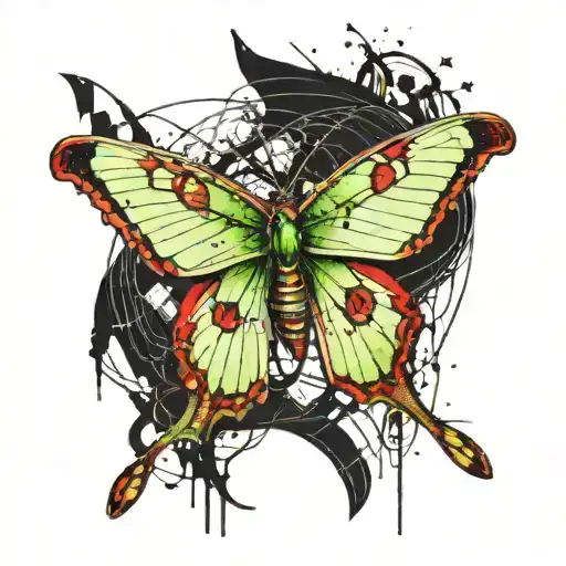Luna moth with tattered wings, surrounded by labyrinth paths. tattoo design idea