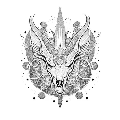 A dotwork tattoo featuring a mythical creature, half-animal and half-musical instrument, surrounded by ancient symbols and hieroglyphs tattoo design idea