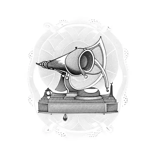 A blackwork tattoo of a vintage gramophone with intricately designed geometric patterns flowing out of its horn tattoo design idea