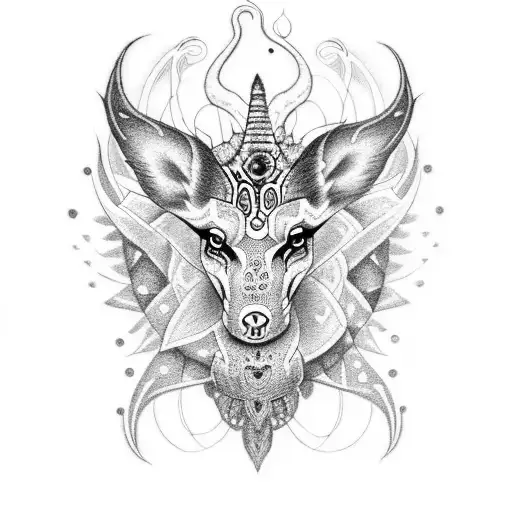 A dotwork tattoo featuring a mythical creature, half-animal and half-musical instrument, surrounded by ancient symbols and hieroglyphs tattoo design idea