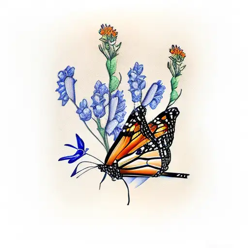 monarch butterfly with blue bonnets and cardinals  tattoo design idea