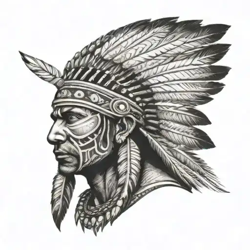 indian american warrior down to hips waist, facing the camera.  tattoo design idea