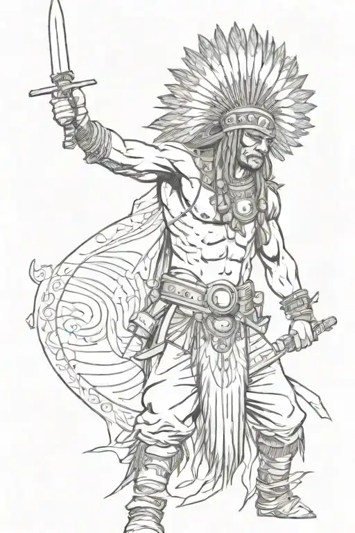 indian american warrior down to hips waist, facing the camera.  tattoo design idea