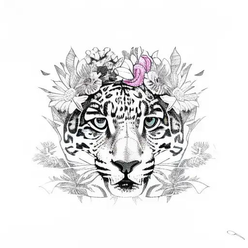 A sketch-style jaguar emerging from a bed of colorful tropical flowers tattoo design idea