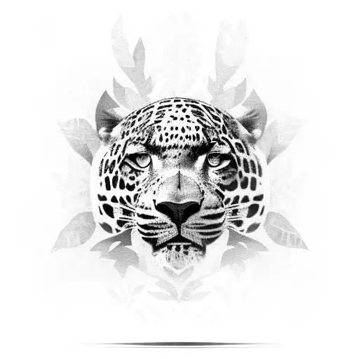 A black-grey jaguar gracefully camouflaged among lush jungle foliage tattoo design idea