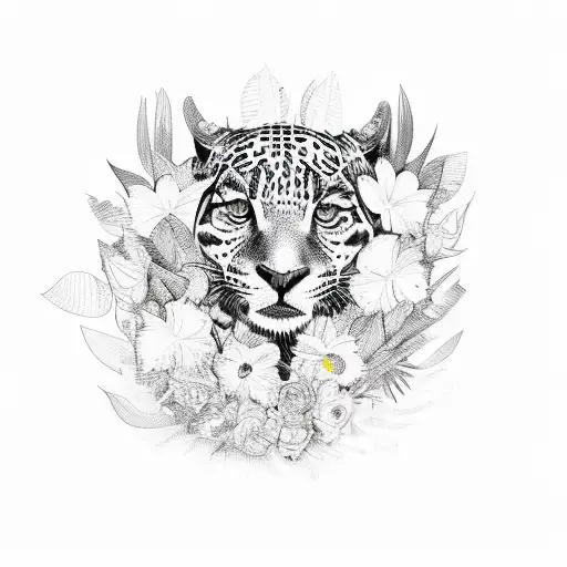 A sketch-style jaguar emerging from a bed of colorful tropical flowers tattoo design idea